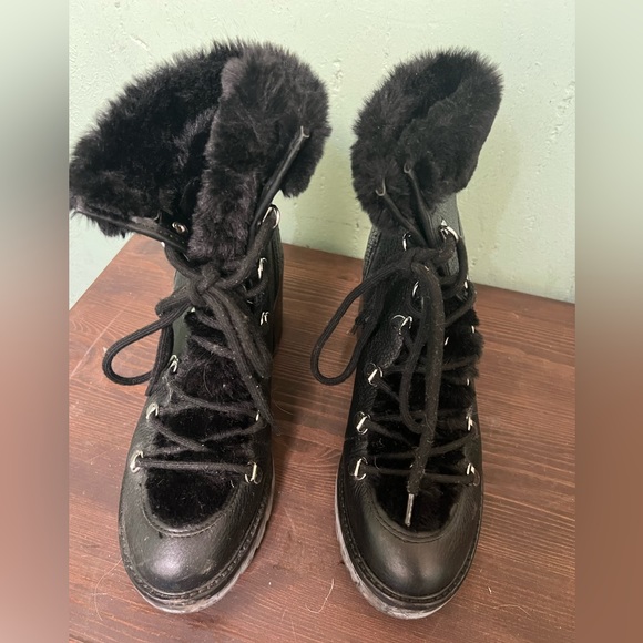 MARC FISHER Daven Leather & Faux-Fur Cuff Lace Up Booties - Picture 2 of 5